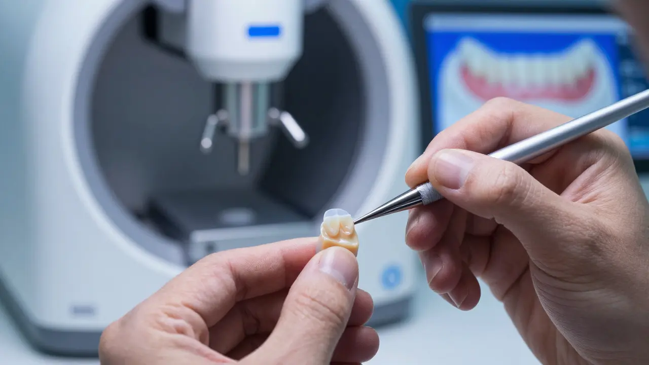 Zubní technik ručně maluje keramickou fazetu v laboratoři