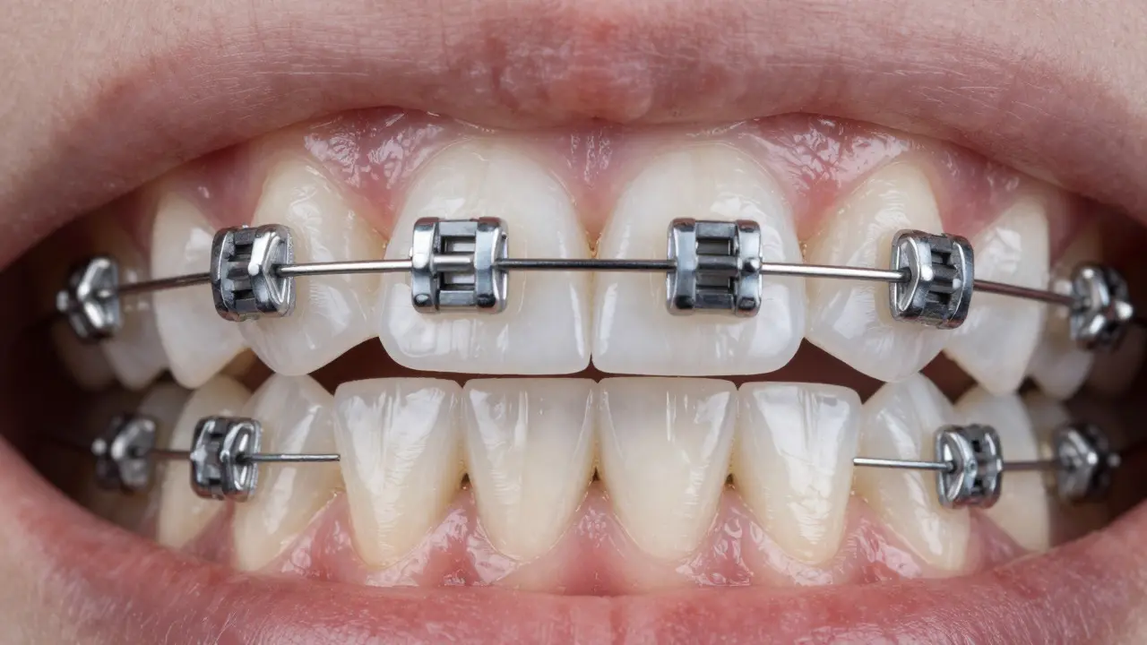 Detail keramických bracketů na zubech