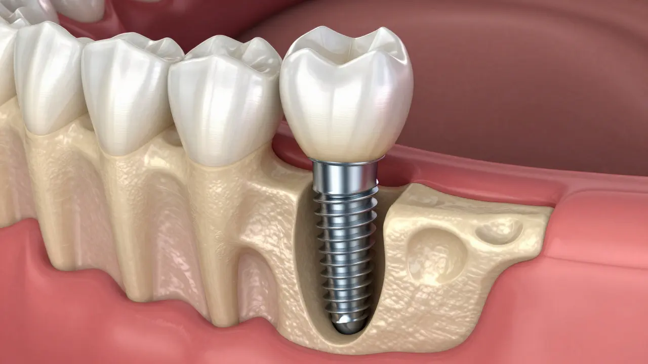 Křížový řez ukazující titanový implantát ukotvený v čelisti