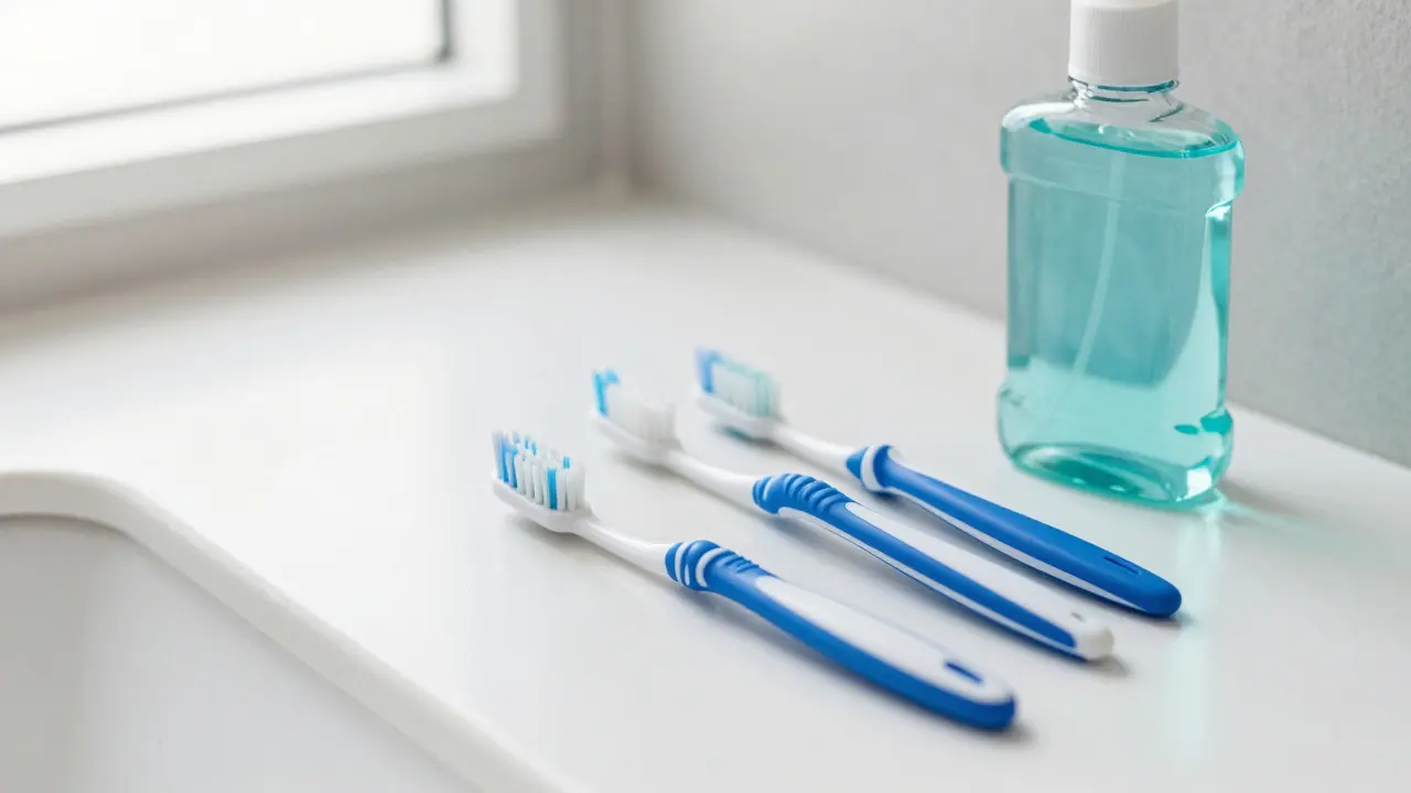 Nástroje pro správnou ústní hygienu na umyvadle