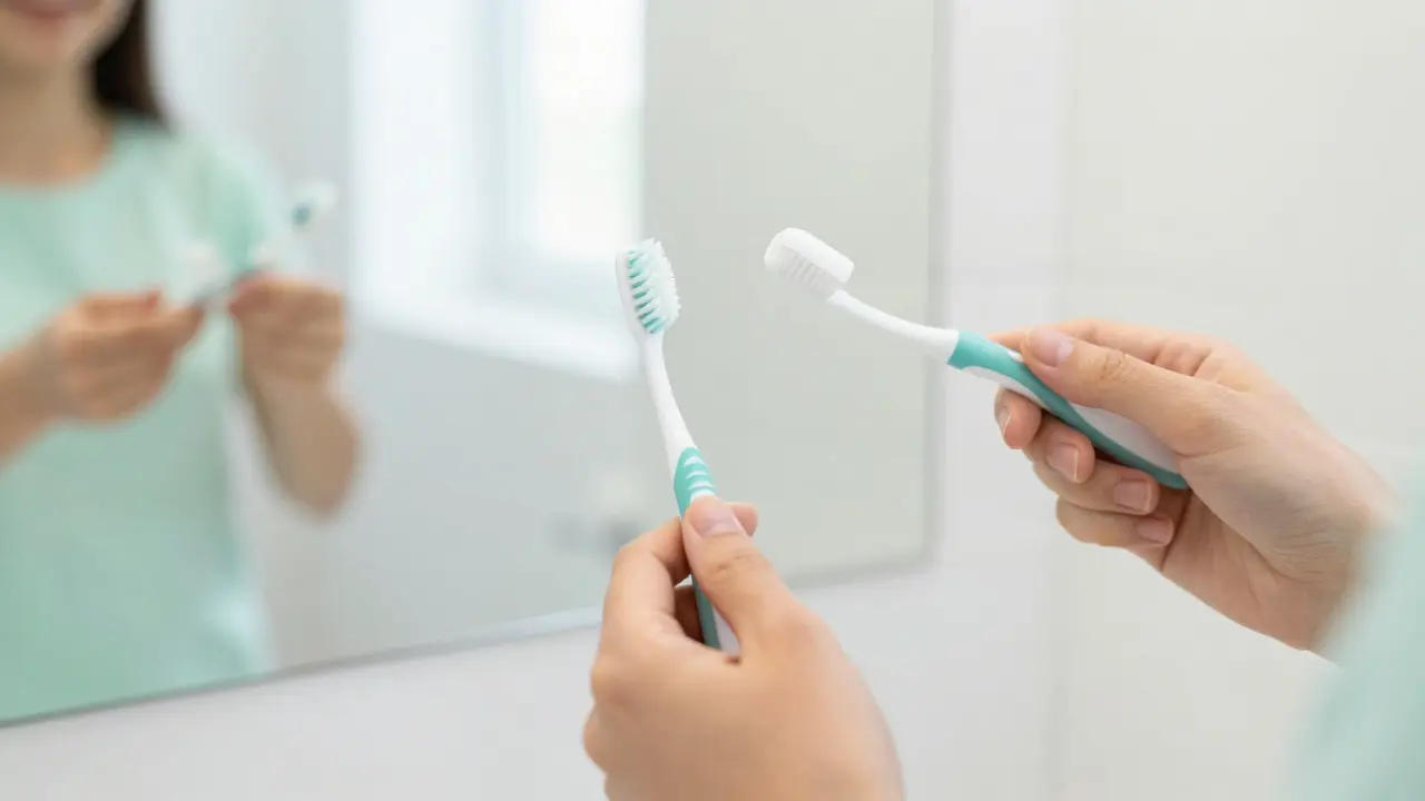 Osoba s kartáčkem a nití pro prevenci zubního kamene