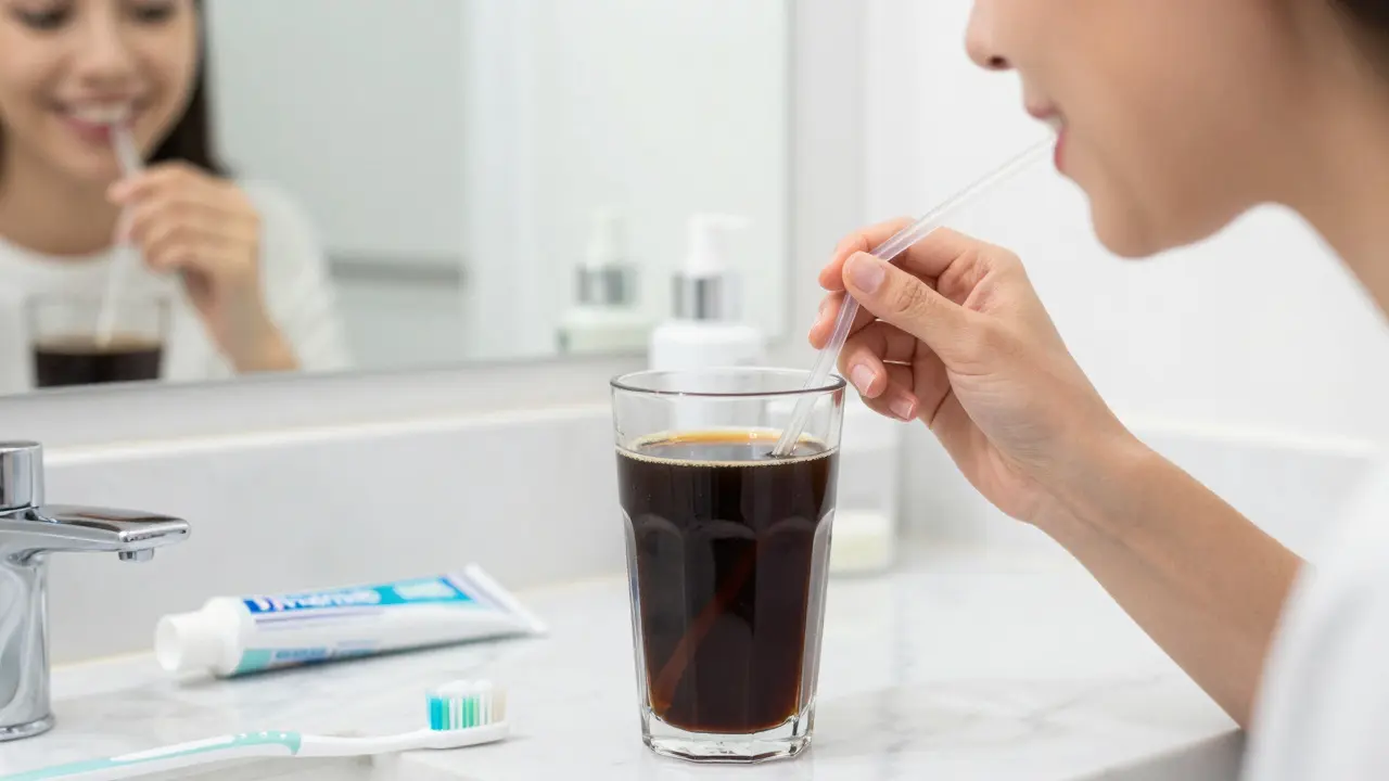 Pití přes brčko a ústní hygiena pro ochranu před skvrnami