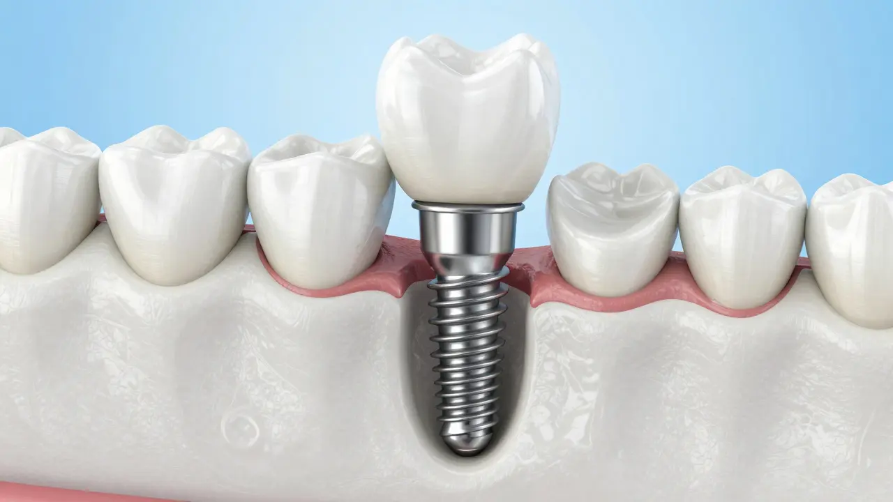 Schéma ukazuje integraci titanového implantátu do čelistní kosti