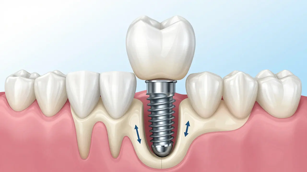 Schéma zubního implantátu integrovaného v kosti čelisti