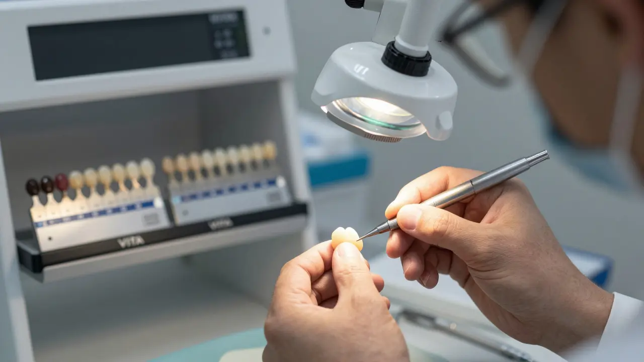 Zubní technik leštit nový keramický zub ve laboratoři s odstínovými škálami