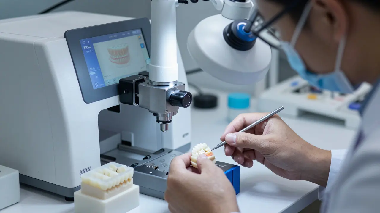 Zubní technik upravuje keramické fazety v laboratoři