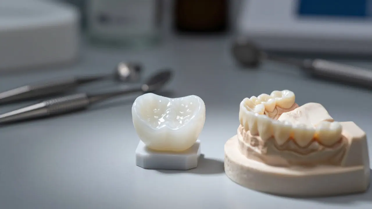Bílá keramická fazeta na podstavci v zubní laboratoři