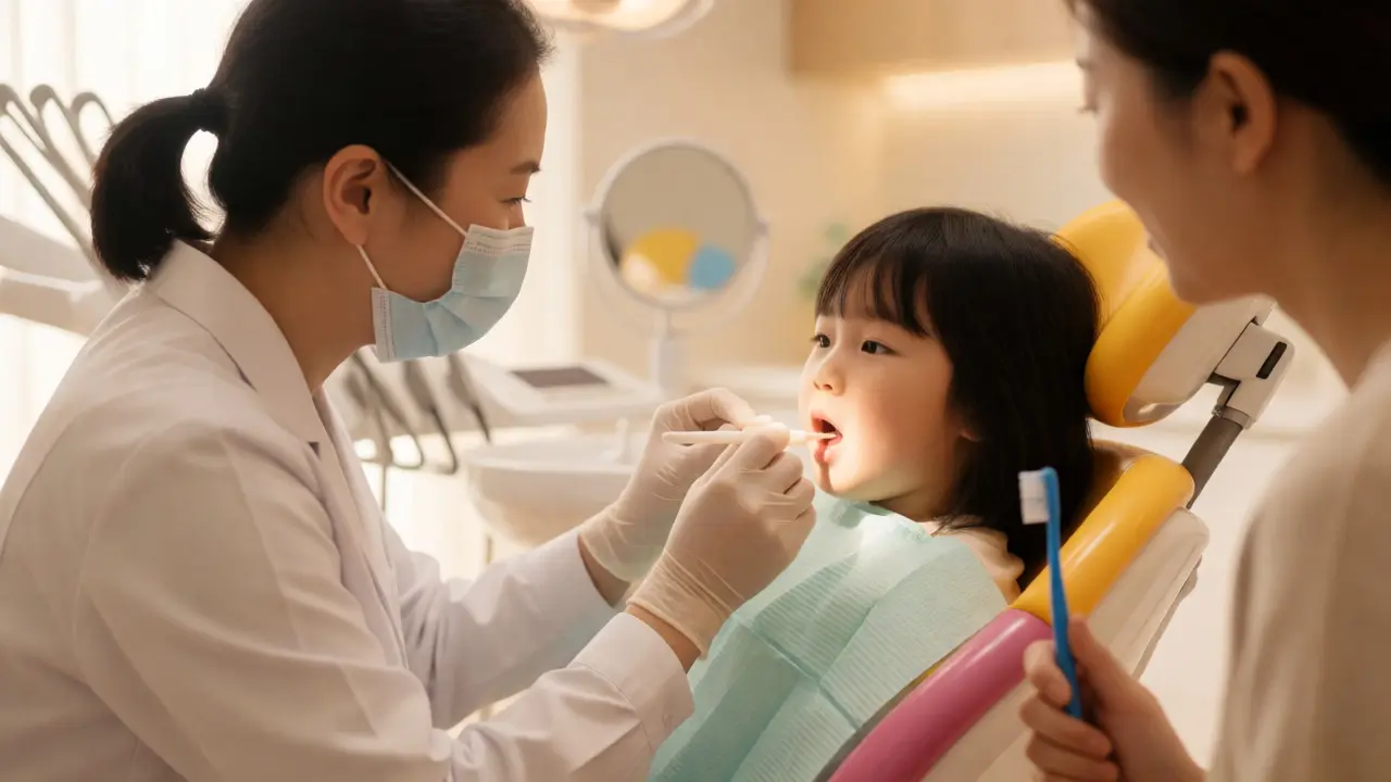 Dentista aplikuje ochranný lak na zuby klidnému dítěti v ordinaci.