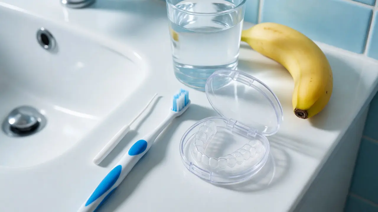 Hygienické potřeby pro rovnátka na umyvadle s banánem jako bezpečnou svačinou.