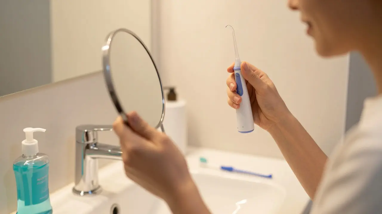 Osoba používá ústní sprchu před zrcadlem jako součást hygieny.