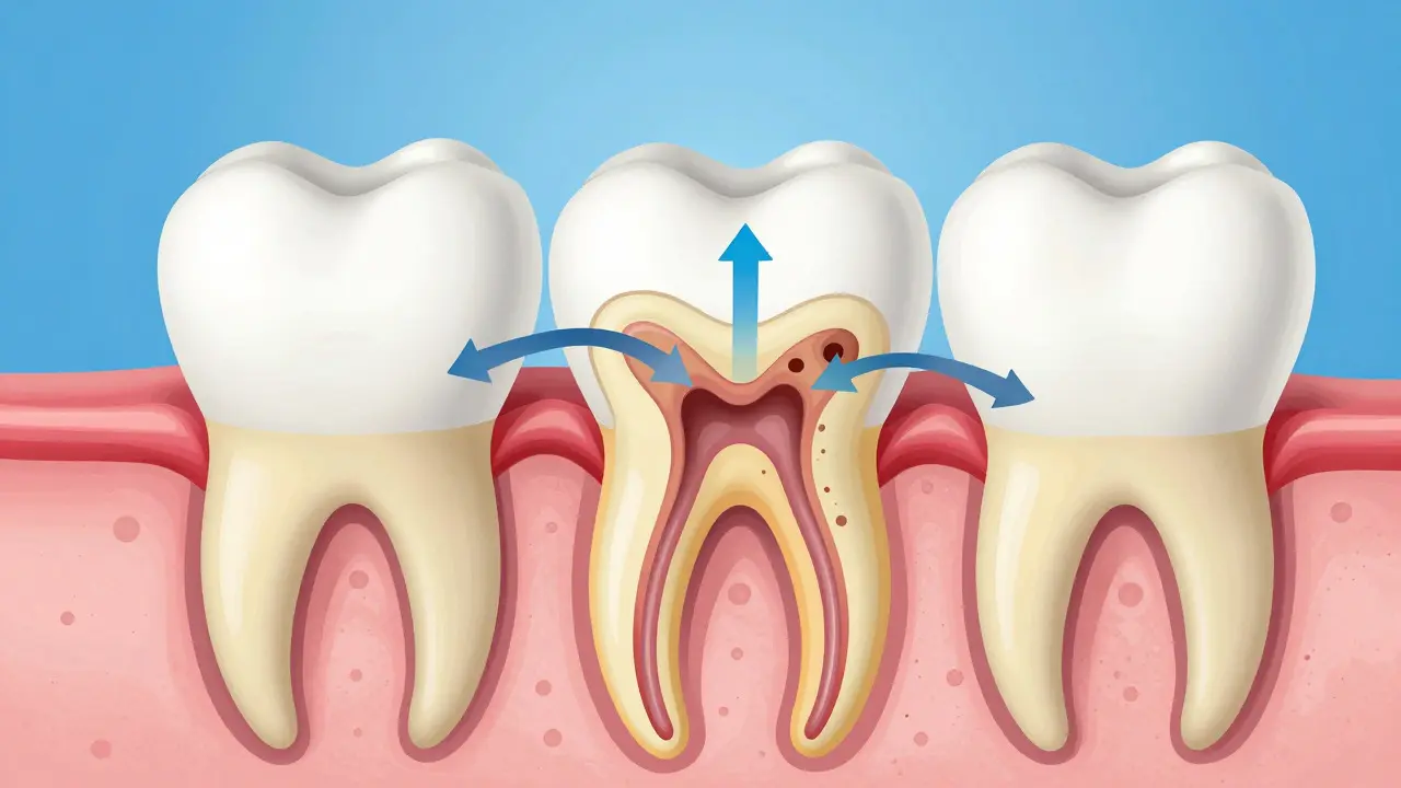 Schéma průřezu zubem ukazující postupné ničení tkání od smaltu po dentin
