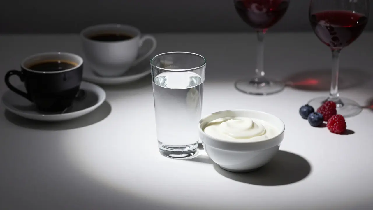Still life showing white foods and drinks versus dark staining beverages