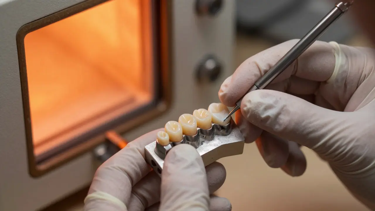 Technik v laboratoři nanáší keramiku na kovový podklad korunky
