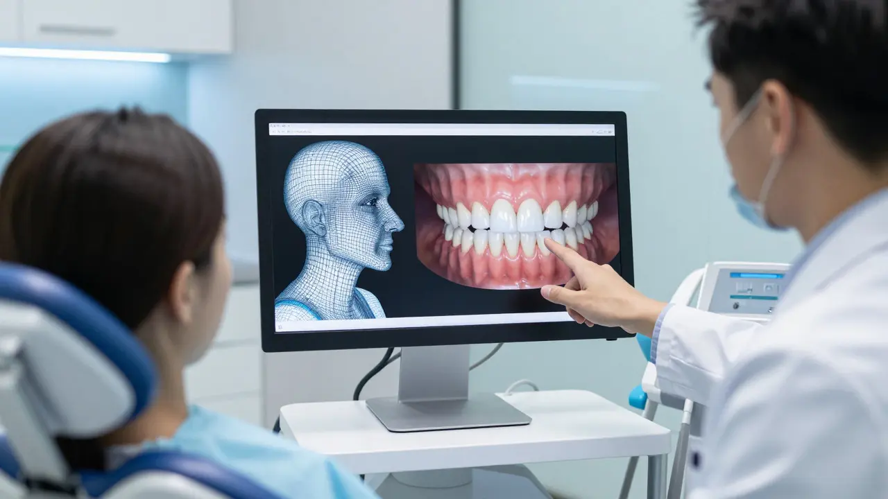 Zubní lékař ukazuje pacientovi digitální simulaci úsměvu