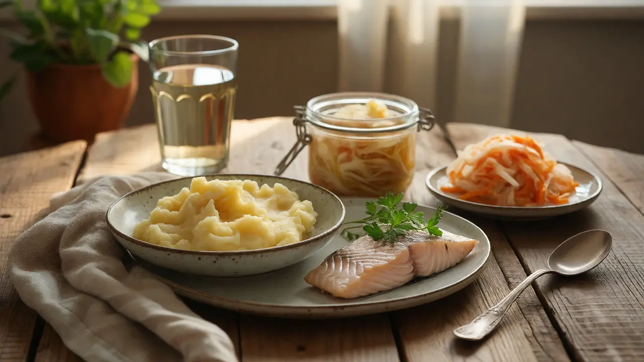 Mírné jídlo po ošetření zubů: kaše, ryba a zelí.