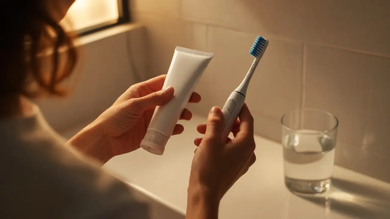 Osoba připravující se na čištění zubů fluoridovou pastou večer doma.