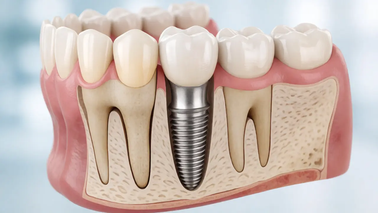 Řez čelistí s integrovaným zubním implantátem