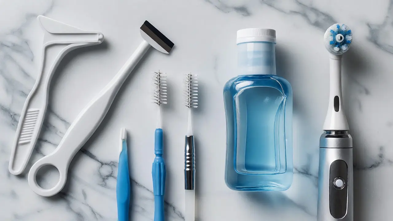 Sada nástrojů pro domácí dentální hygienu na bílém pozadí