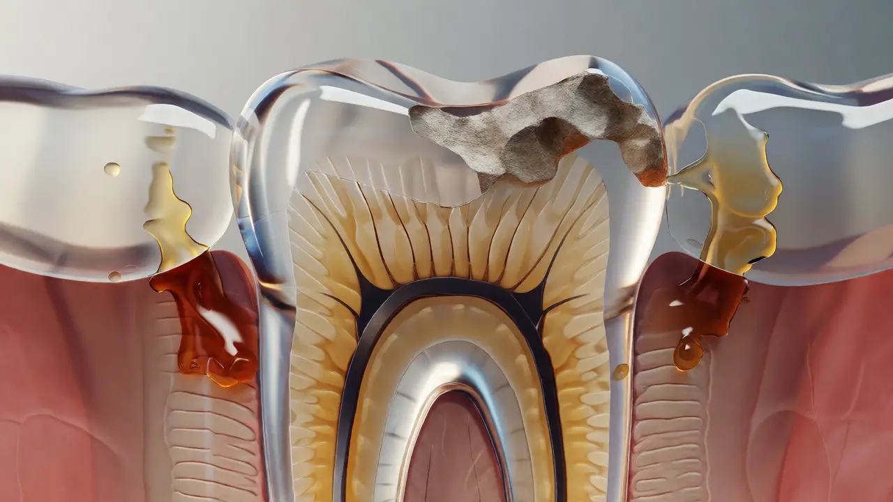 Vizualizace řezu zubem s odhaleným dentinem a narušenou sklovinou
