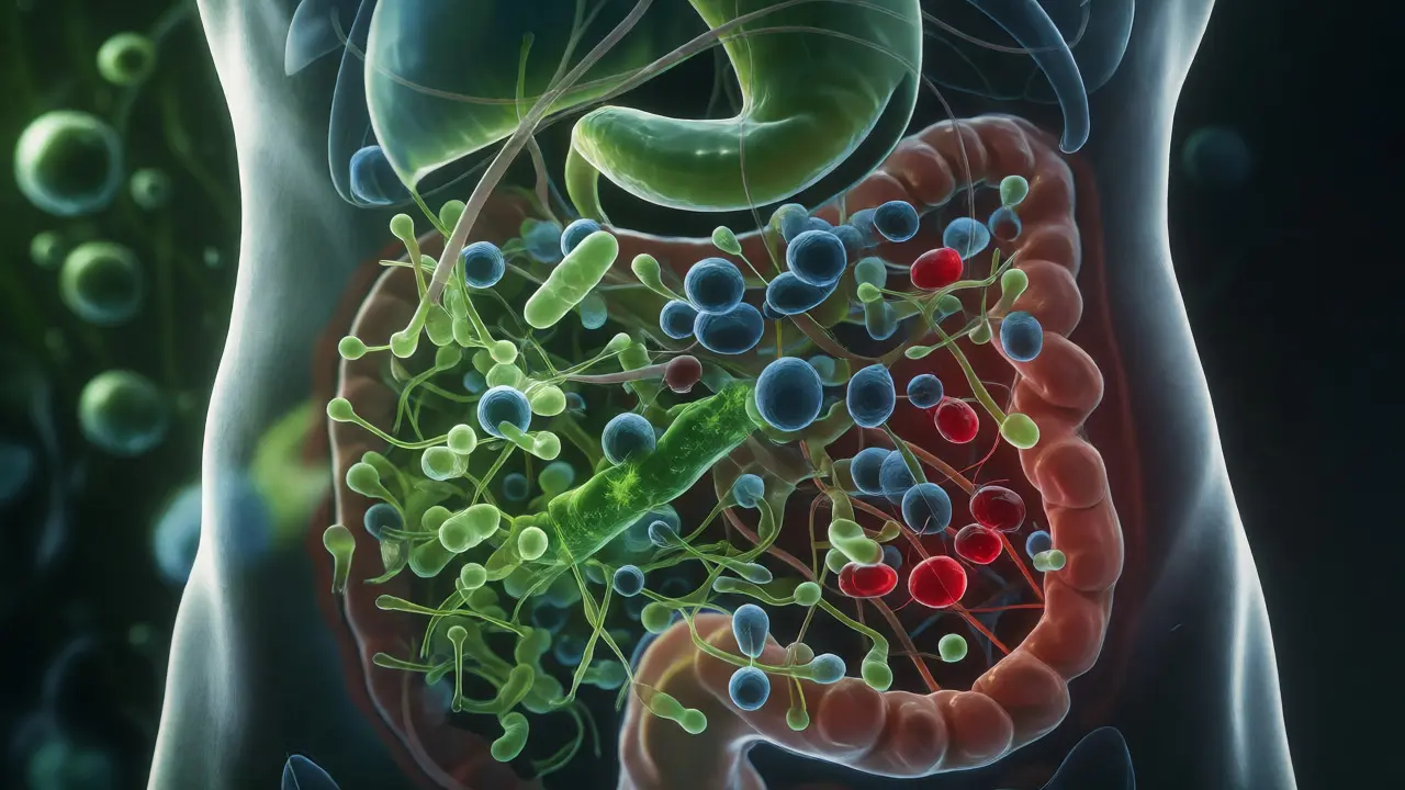 Vizualizace střevního mikrobiomu s antibiotiky.