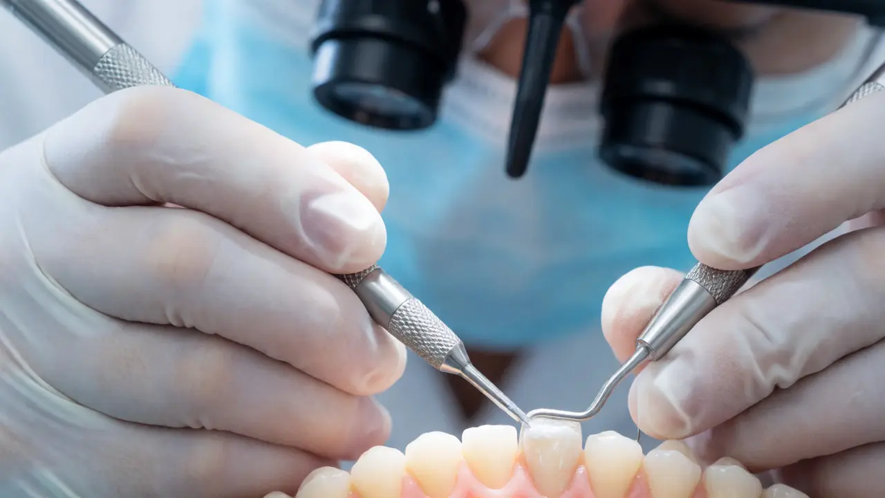Zubní lékař precizně aplikuje kompozitní materiál na zub pod zvětšením