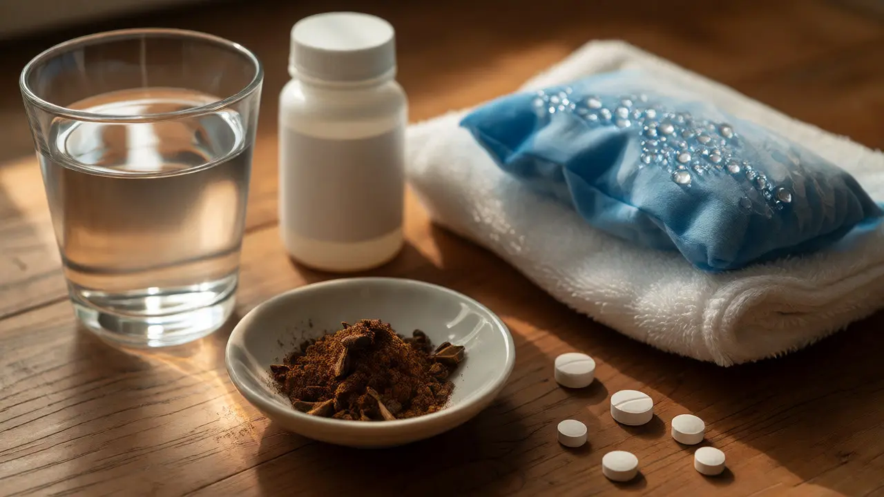 Domácí léky na zubní bolest: solný roztok, hřebíček, ibuprofen a chladivý obklad.