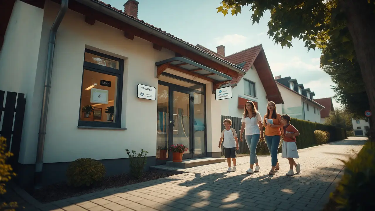 Family arriving at a quiet suburban dental clinic for registration and preventive care.