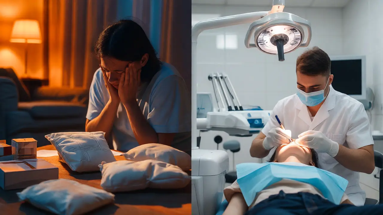 Split view showing nighttime toothache pain versus immediate treatment in an emergency dental ward.