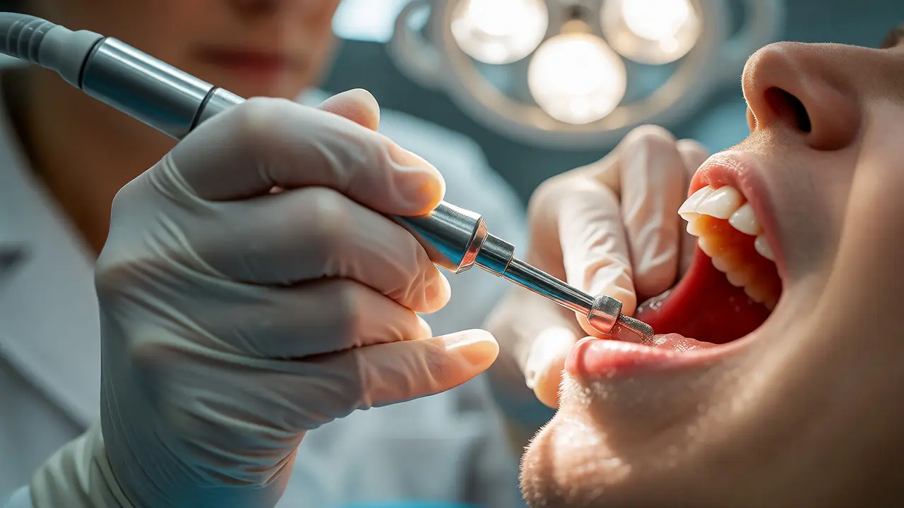 Zubní hygienista odstraňuje kámen ultrazvukem v ordinaci