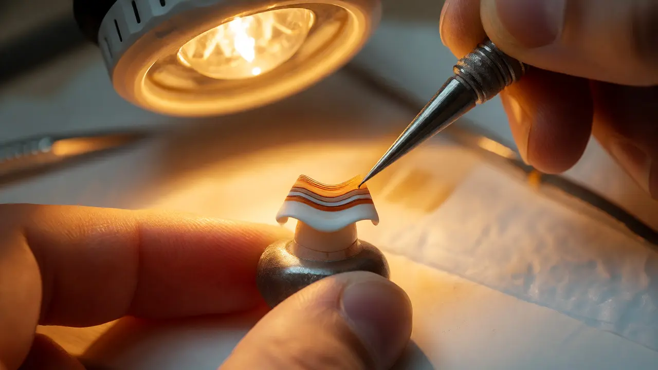 Zubní technik ručně vrství keramiku na tenkou fazetu pod světlem lampy